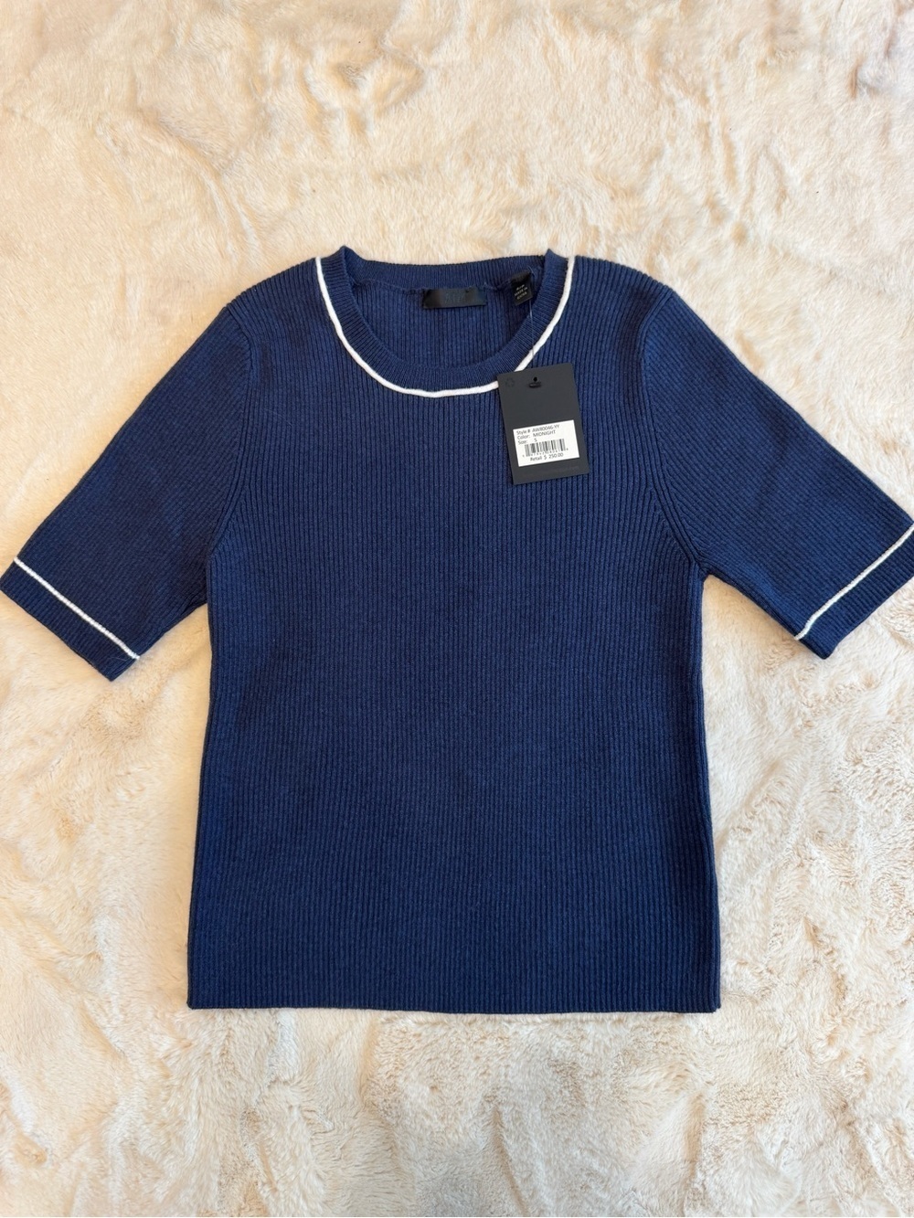 ATM, Small, Navy Short-Sleeves cashmere Knit blend Sweater with White Trim - Picture 6 of 11